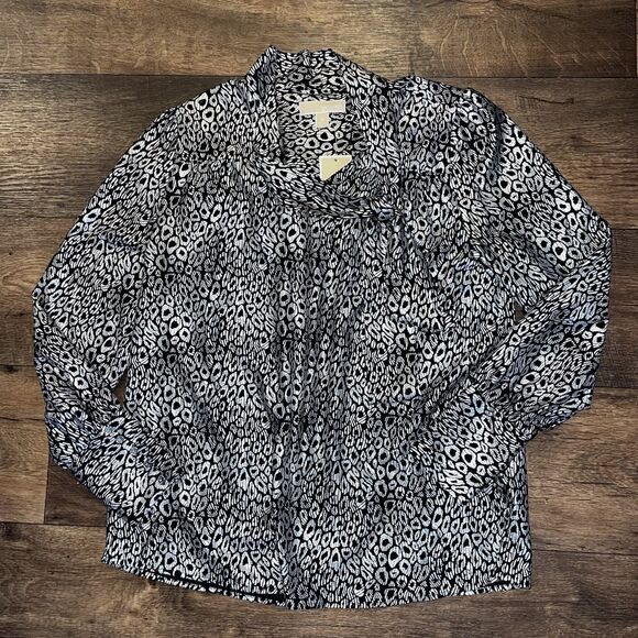 Michael Kors Black & Silver Shimmering Animal Print Blouse With Tie Size M NWT - Picture 1 of 10